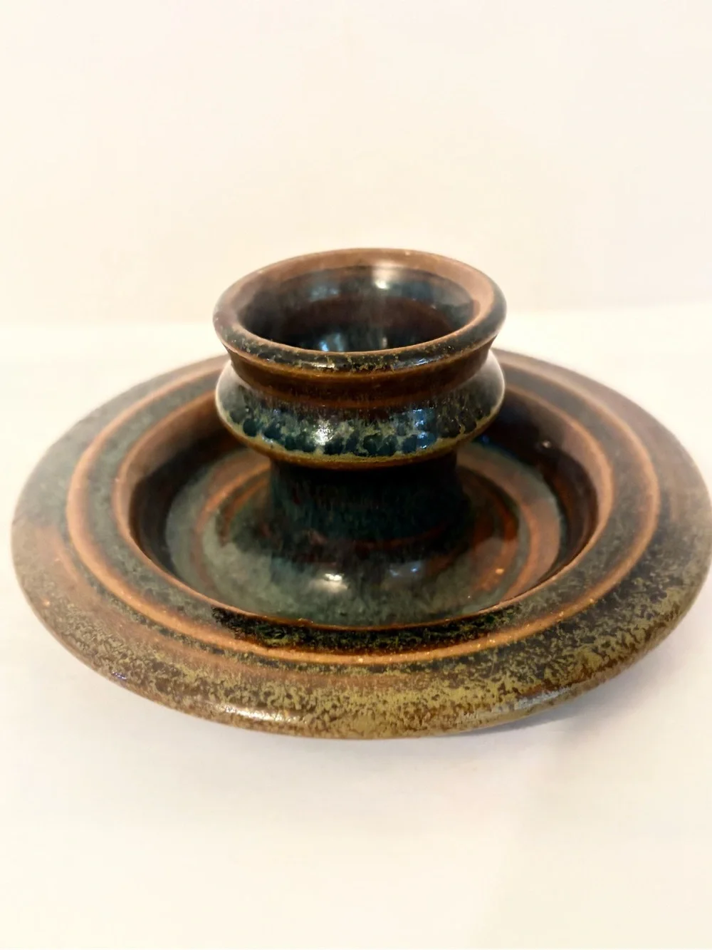 Vintage Dysart Studio Art Pottery Taper Candle Holder Blue & Brown Glaze Signed
